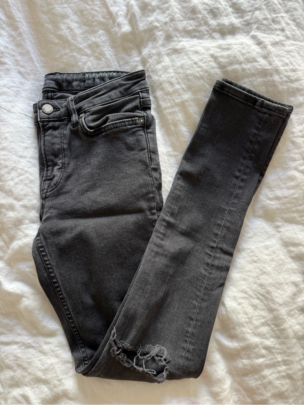 AllSaints Womens Charcoal Black Skinny Jeans with Distressed Hem